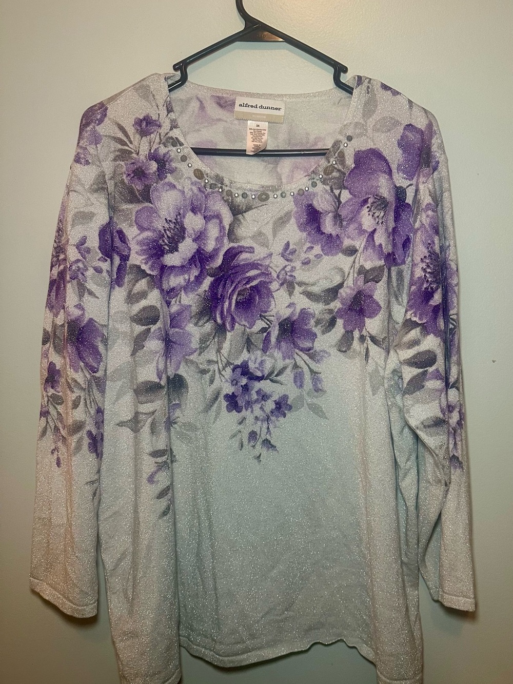 Vintage Alfred Dunner Lavender Floral Shimmer Top 3X Embellished Neckline